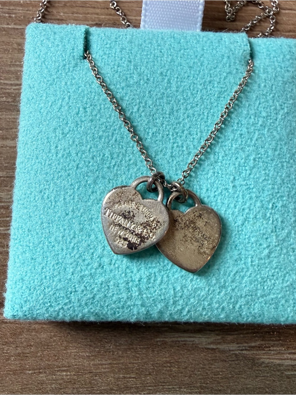 Tiffany & Co. Silver Double Heart Tag Necklace with Turquoise Pouch - Picture 2 of 2
